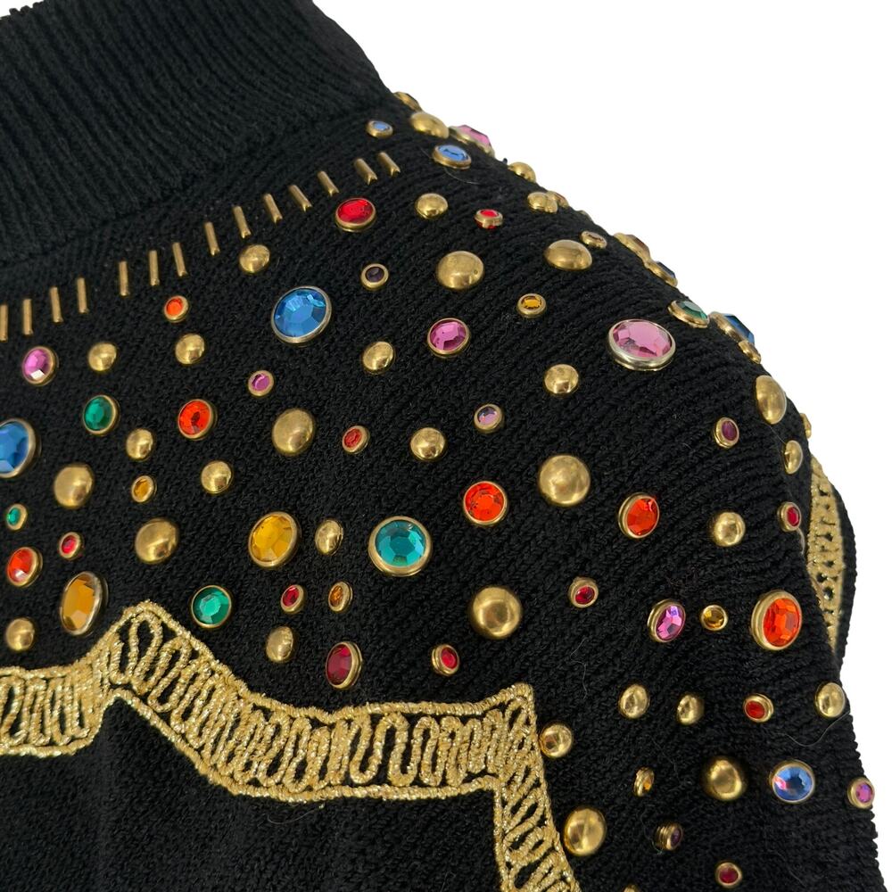 Vintage 80s Antonella Preve NY Gold Tassel + Studs + Rhinestone Sweater Medium - Picture 11 of 16